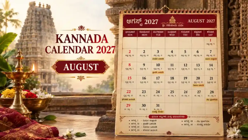 Kannada Calendar 2027 August with Hindu festivals and important dates