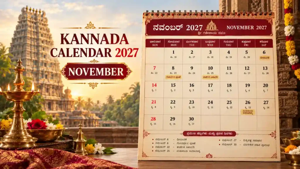 Kannada Calendar 2027 November with Kartika festivals and traditional Karnataka design